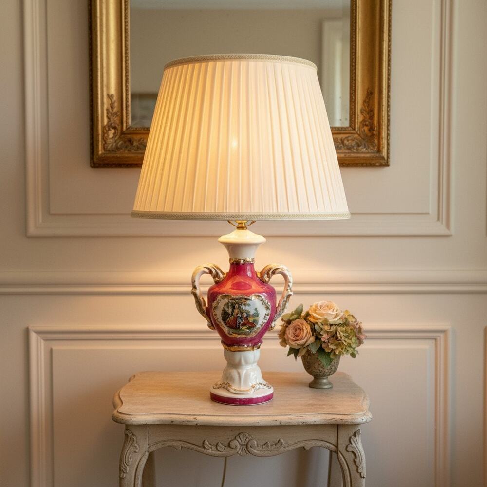 Vintage Porcelain Courting Couple Urn Lamp-George Martha Washington-Pink-Gold